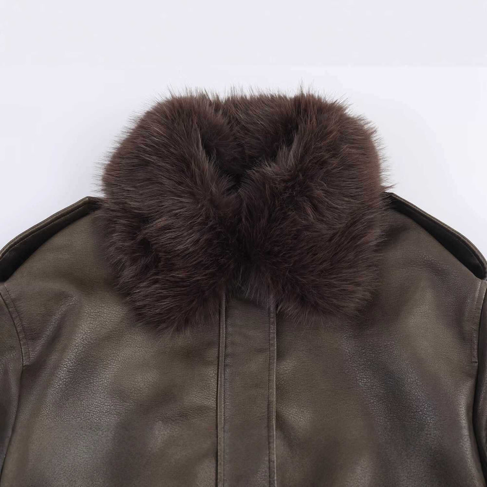 Damen lässige Lederjacke mit abnehmbarem Kunstfellkragen und praktischen Taschen Fudus