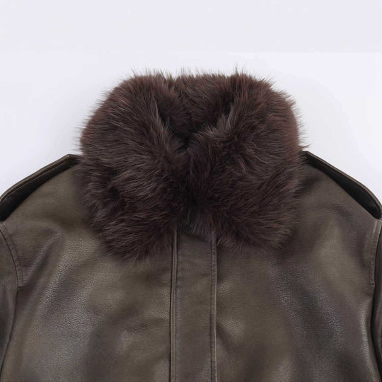 Damen lässige Lederjacke mit abnehmbarem Kunstfellkragen und praktischen Taschen Fudus