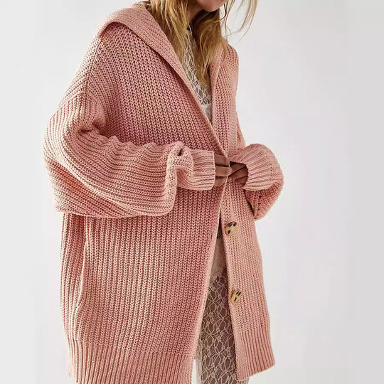 Damen Grobstrick-Hoodie Cardigan mit Knopfleiste und oversized Passform Fudus