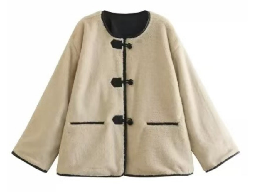 Damen kuschelige Fleecejacke mit klassischen Knopfdetails Fudus