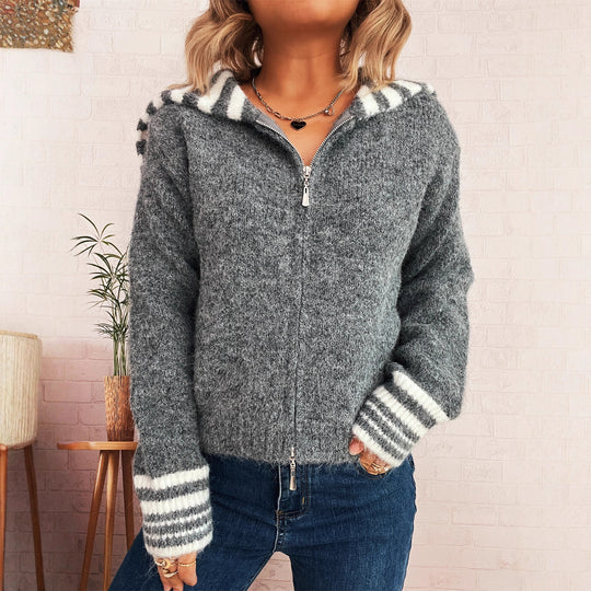 Damen kuschelige Strickjacke mit stilvollem Reißverschluss und modischen Streifen Fudus