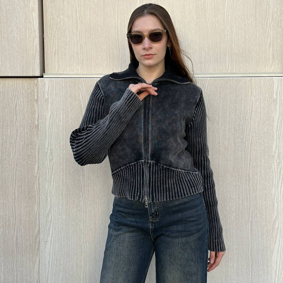 Damen kurzärmlige Strickjacke mit Reißverschluss und Rippstruktur Fudus