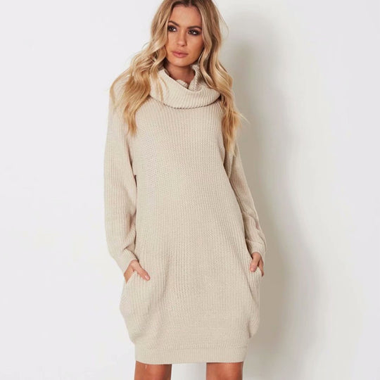 Damen Grobstrickpullover mit hohem Kragen und seitlichen Taschen Fudus