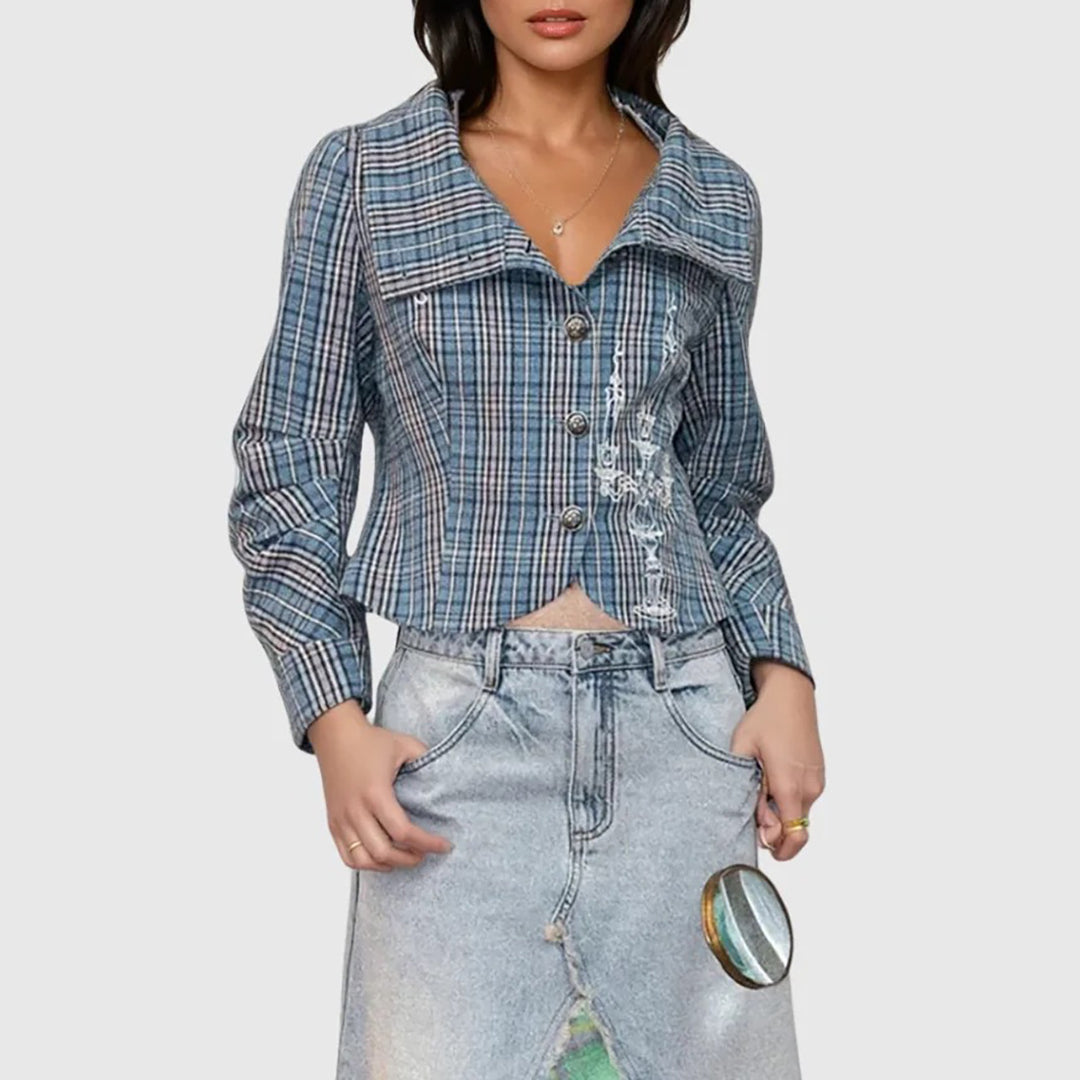 Damen Karierte Cropped Jacke Fudus