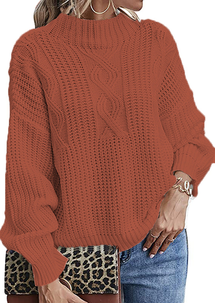 Damen Grobstrickpullover mit hohem Kragen und dekorativem Zopfmuster Fudus