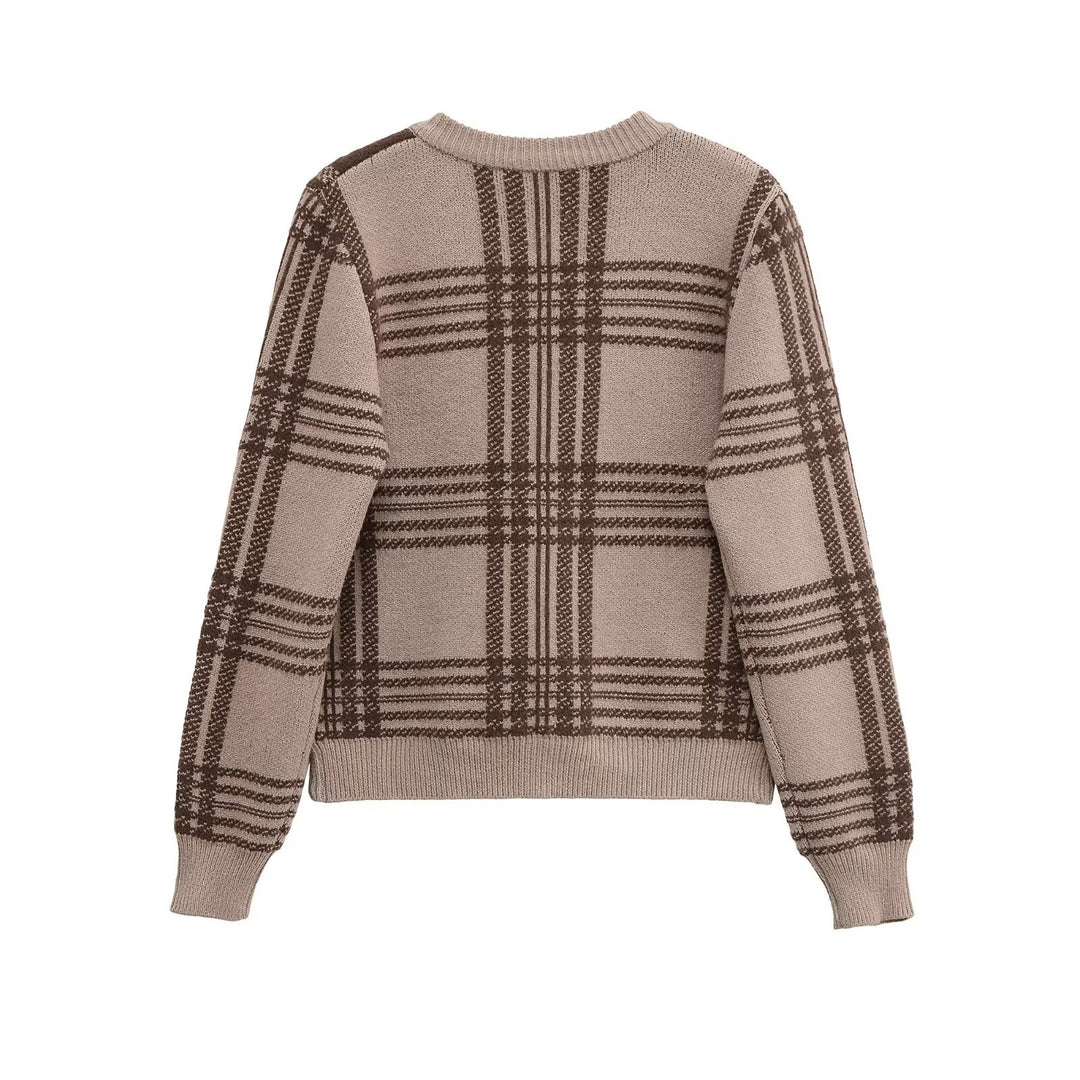 Damen Karierte Strickjacke mit Knopfleiste und Rundhalsausschnitt Fudus