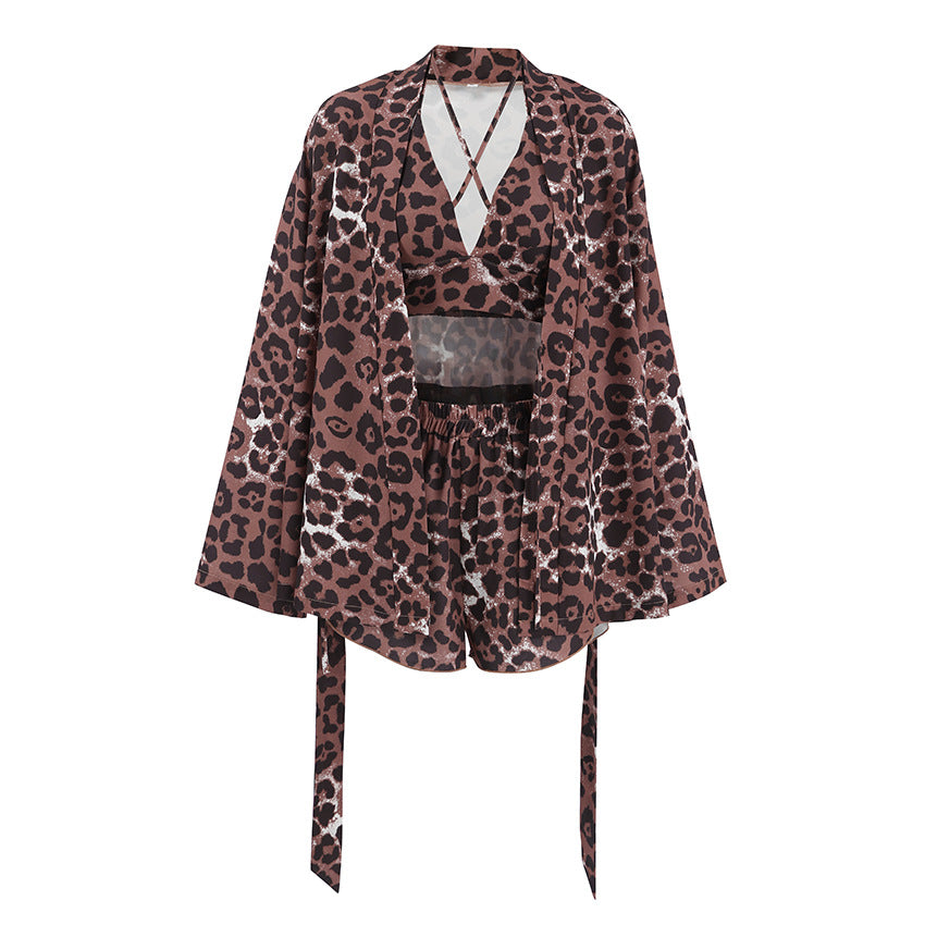 Damen Kimono-Morgenmantel mit Leopardenmuster und lockerer Passform