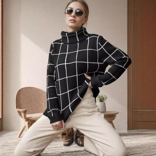 Damen Grobstrickpullover mit modernem Karomuster und hohem Kragen Fudus