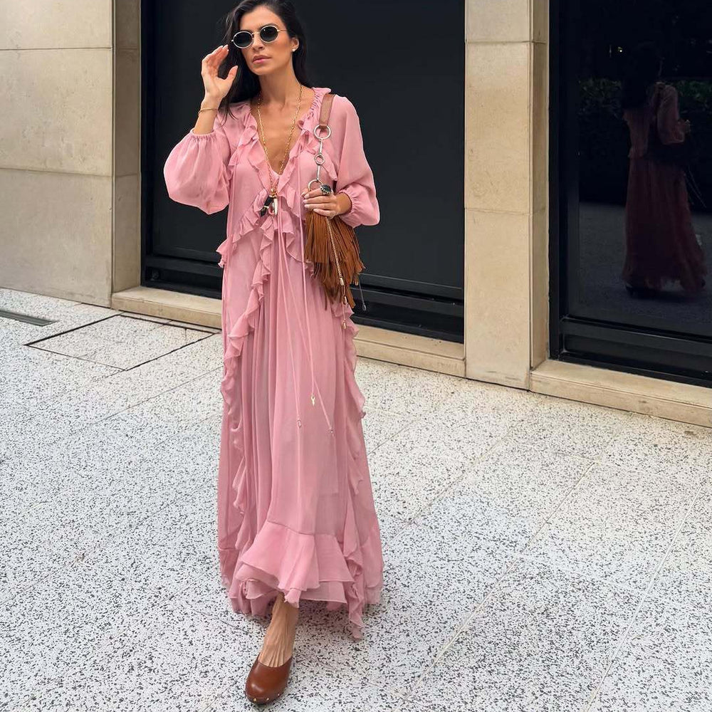 Damen langärmliges Raffkleid mit Rüschen und Taillenzug Fudus