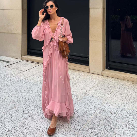 Damen langärmliges Raffkleid mit Rüschen und Taillenzug Fudus