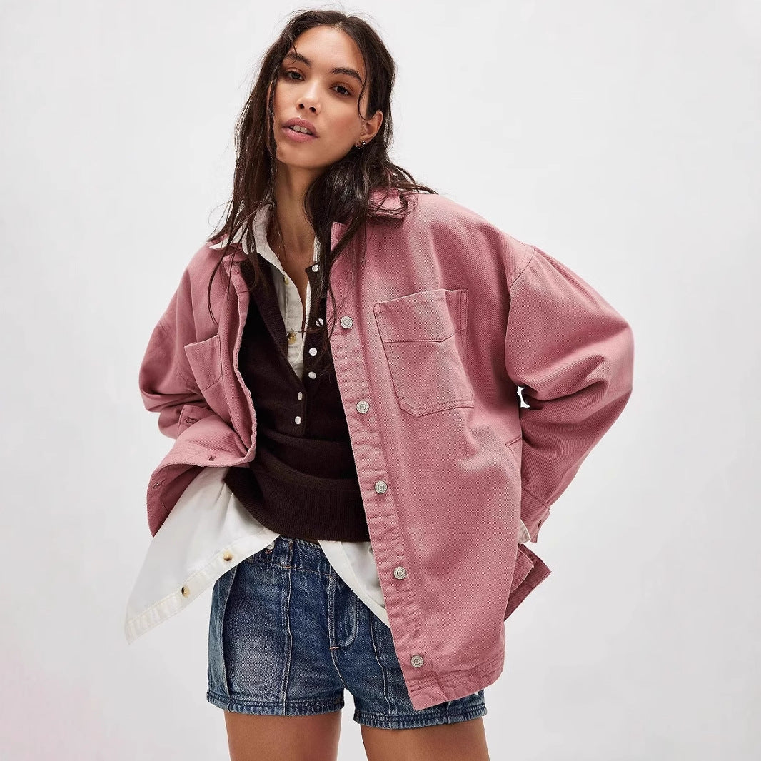 Damen Lässige Oversized-Jeansjacke mit Großen Taschen