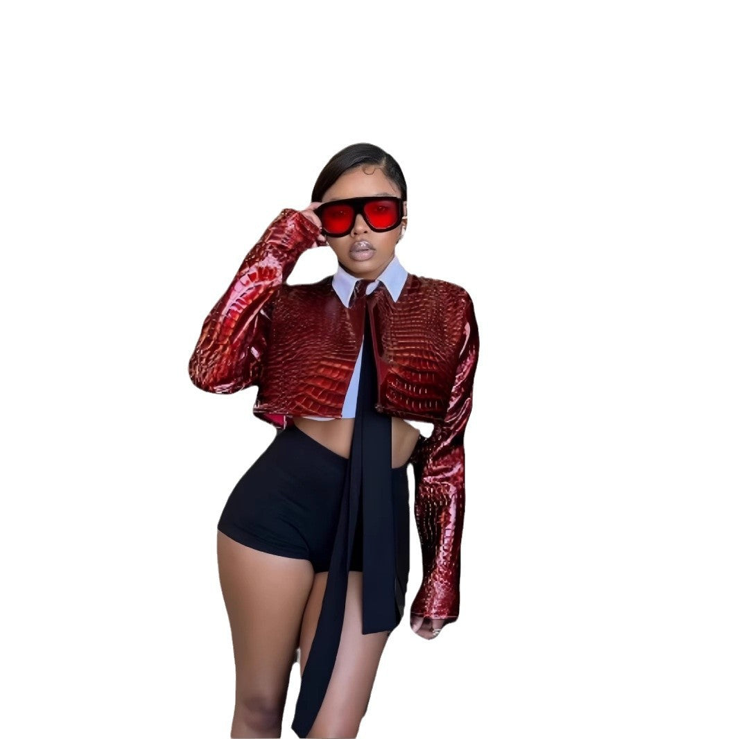 Damen Kunstlederjacke im modernen Krokodil-Design Fudus