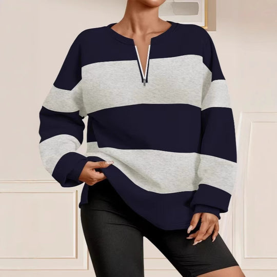 Damen Langarm Sweatshirt mit modernem Reißverschluss und gestreiftem Design Fudus