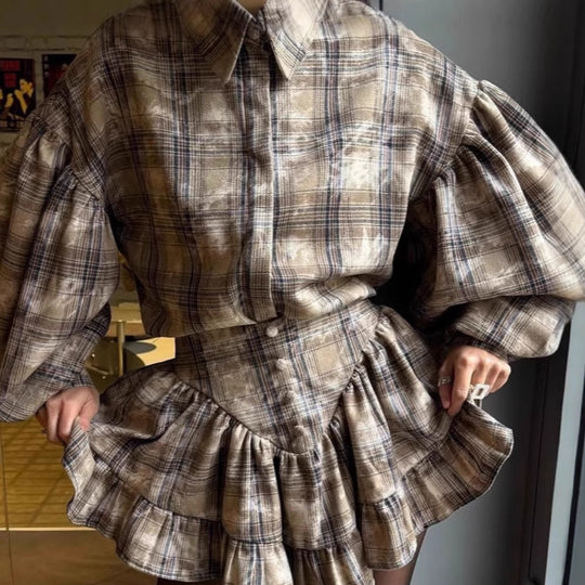 Damen Karierte Bluse und Rock Set Fudus