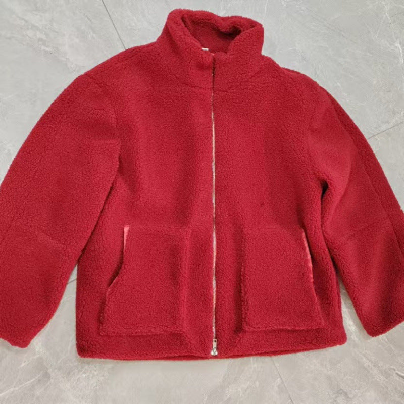 Damen Kuschelige Teddyfelljacke mit hohen Kragen und Reißverschluss Fudus