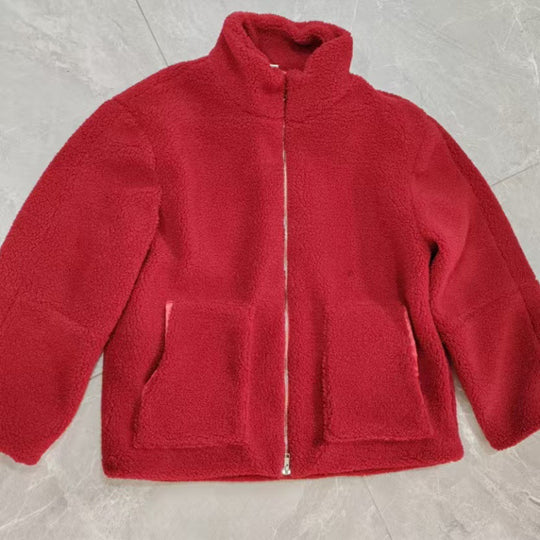 Damen Kuschelige Teddyfelljacke mit hohen Kragen und Reißverschluss Fudus