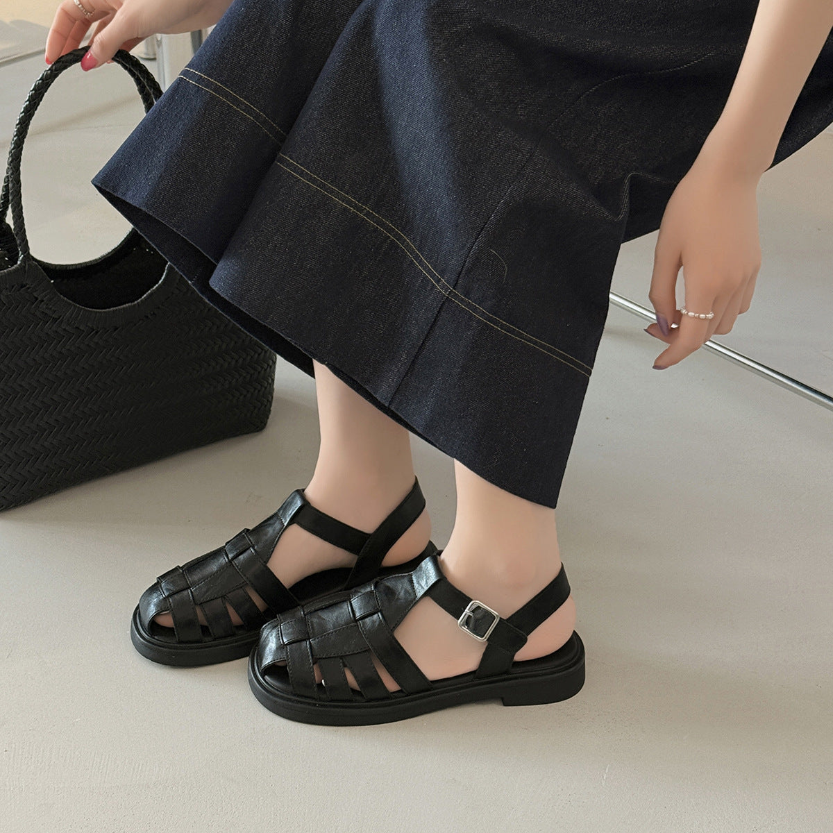 Sandalen Damen Leder Geflochten Slingback Komfort