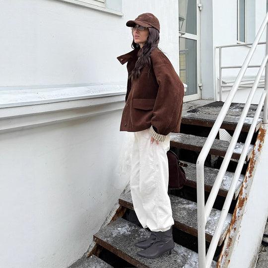 Damen lässige Cordjacke mit einzigartigem Schnitt und modischen Details Fudus