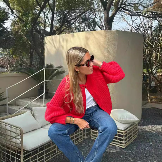 Damen Grobstrickjacke mit Knöpfen und modernem Schnitt Fudus