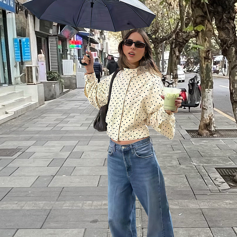 Damen lässige Blousonjacke mit Punkten und weiten Ärmeln Fudus