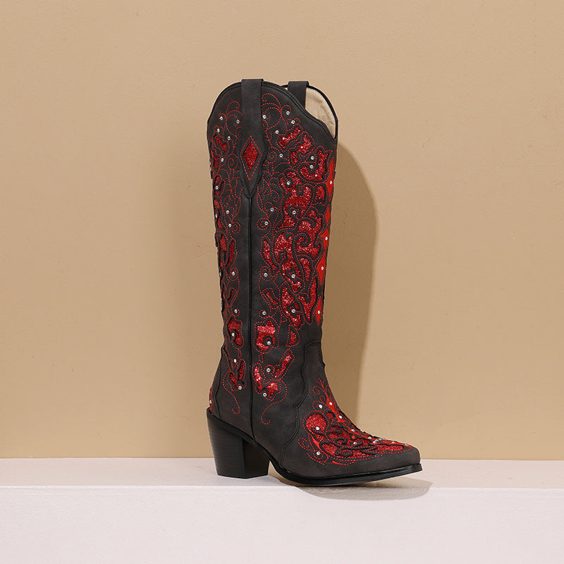 Stiefel Damen Knielang Western Stiletto Verziert