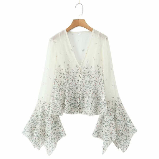 Damen lässige Bluse mit eleganten Glockenärmeln und floralem Design Fudus