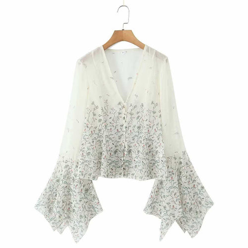 Damen lässige Bluse mit eleganten Glockenärmeln und floralem Design Fudus