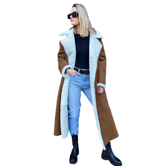 Damen Langer Fleece-Mantel mit Umlegekragen Fudus