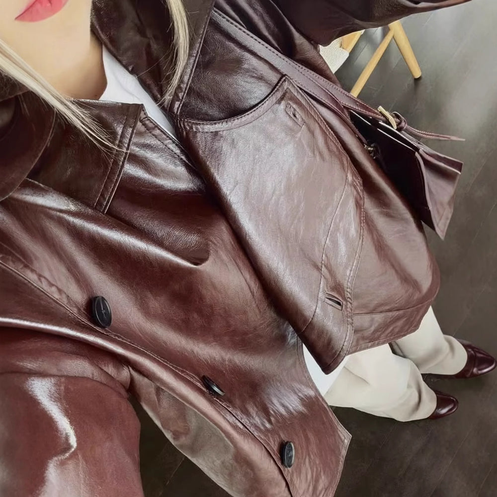 Damen Kunstlederjacke mit asymmetrischem Schnitt und dekorativen Knöpfen Fudus