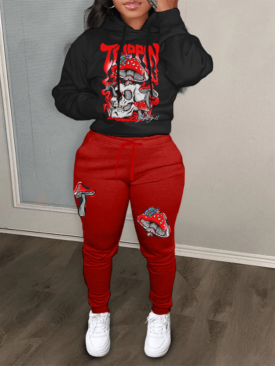 Damen Hoodie und Jogginghose Set mit kreativem Pilzdesign Fudus