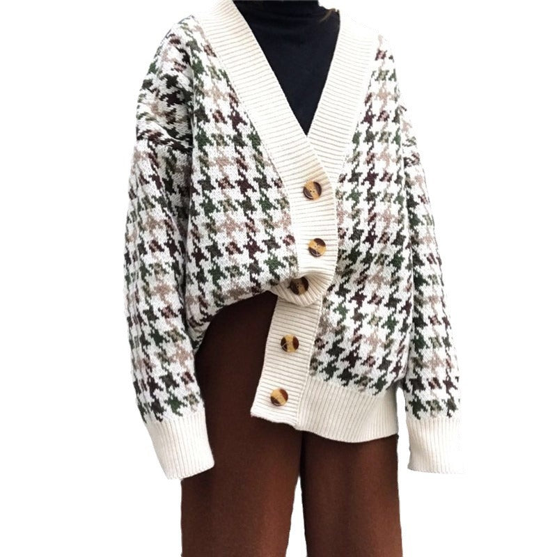 Damen Grobstrickcardigan mit Hahnentrittmuster und großen Holzknöpfen Fudus