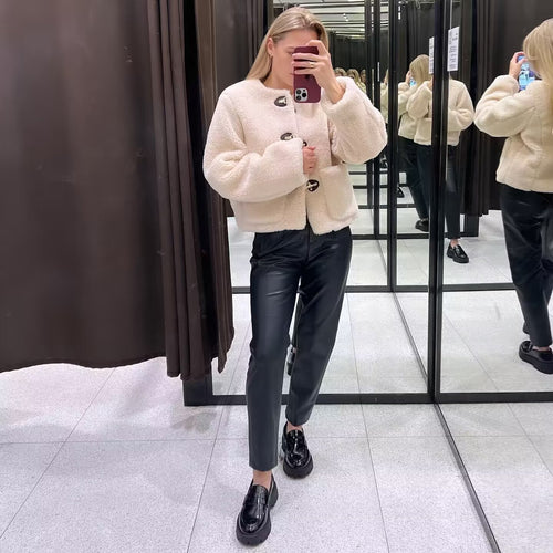 Damen kuschelige Fleecejacke mit praktischen Knöpfen Fudus