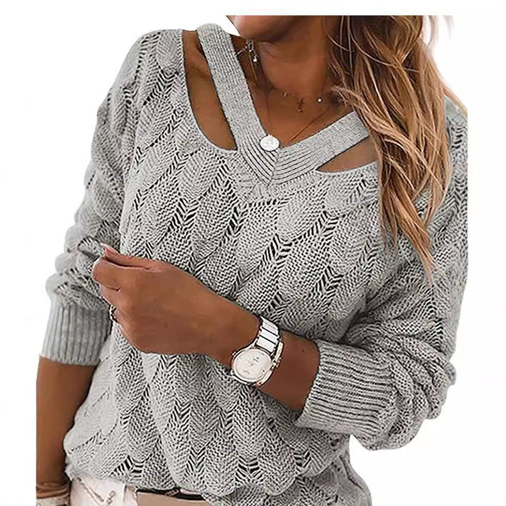 Damen Grobstrickpullover mit tiefem V-Ausschnitt und Cut-Out-Details Fudus