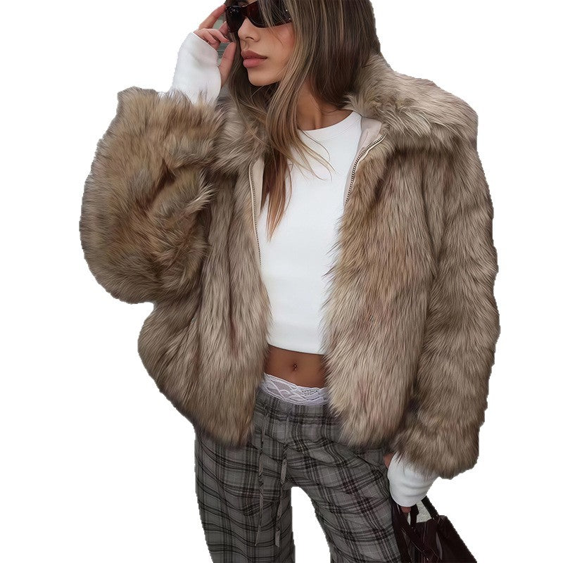 Damen Kunstfelljacke mit voluminösen Ärmeln und elegantem Schnitt Fudus