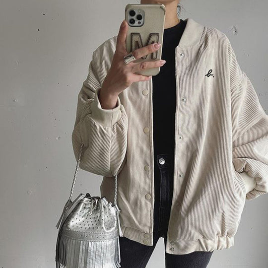 Damen lässige Cordjacke mit Druckknopfverschluss und elastischen Bündchen Fudus