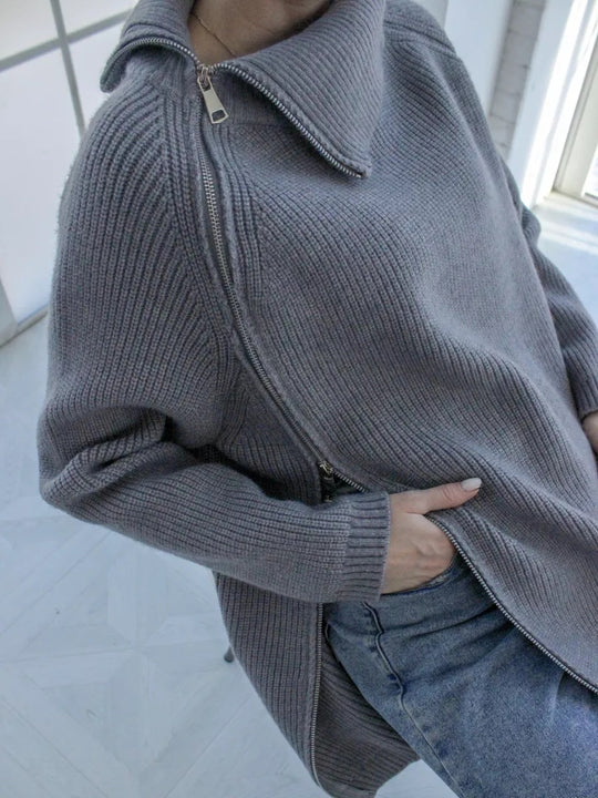 Damen kuscheliger Strickpullover mit asymmetrischem Reißverschluss Fudus