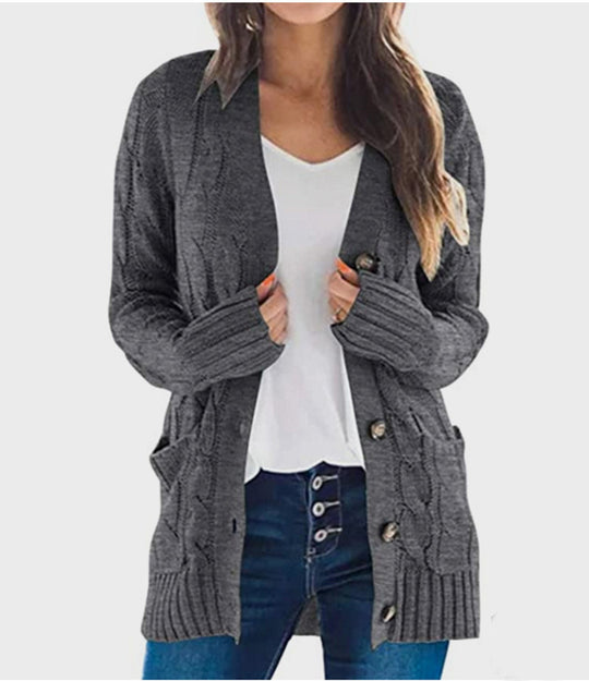 Damen Grobstrick-Cardigan mit Zopfmuster und aufgesetzten Taschen Fudus