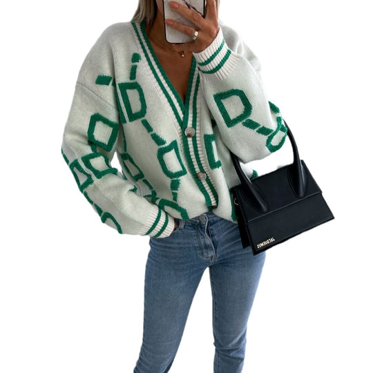 Damen Grobstrick-Jacke mit geometrischem Muster und Knopfdetails Fudus