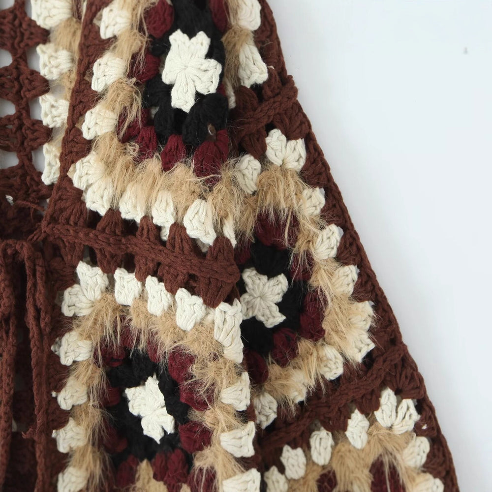 Damen lässige Strickjacke mit buntem Granny-Quadrat-Muster und Zipper Fudus