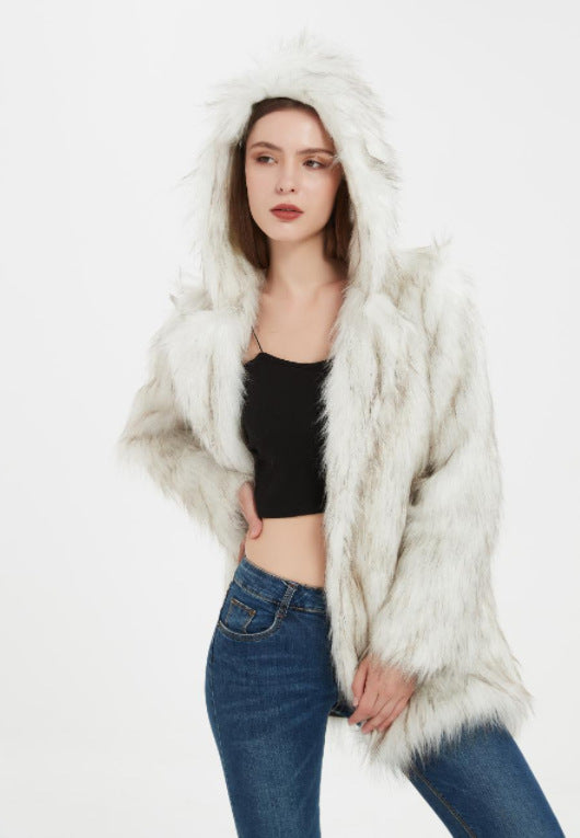 Damen Hoodiejacke aus kuscheligem Kunstfell mit seitlichen Taschen Fudus