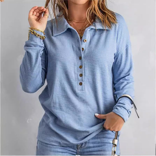 Damen Langarm-Bluse mit knöpfbarem Kragen und strukturiertem Stoff Fudus