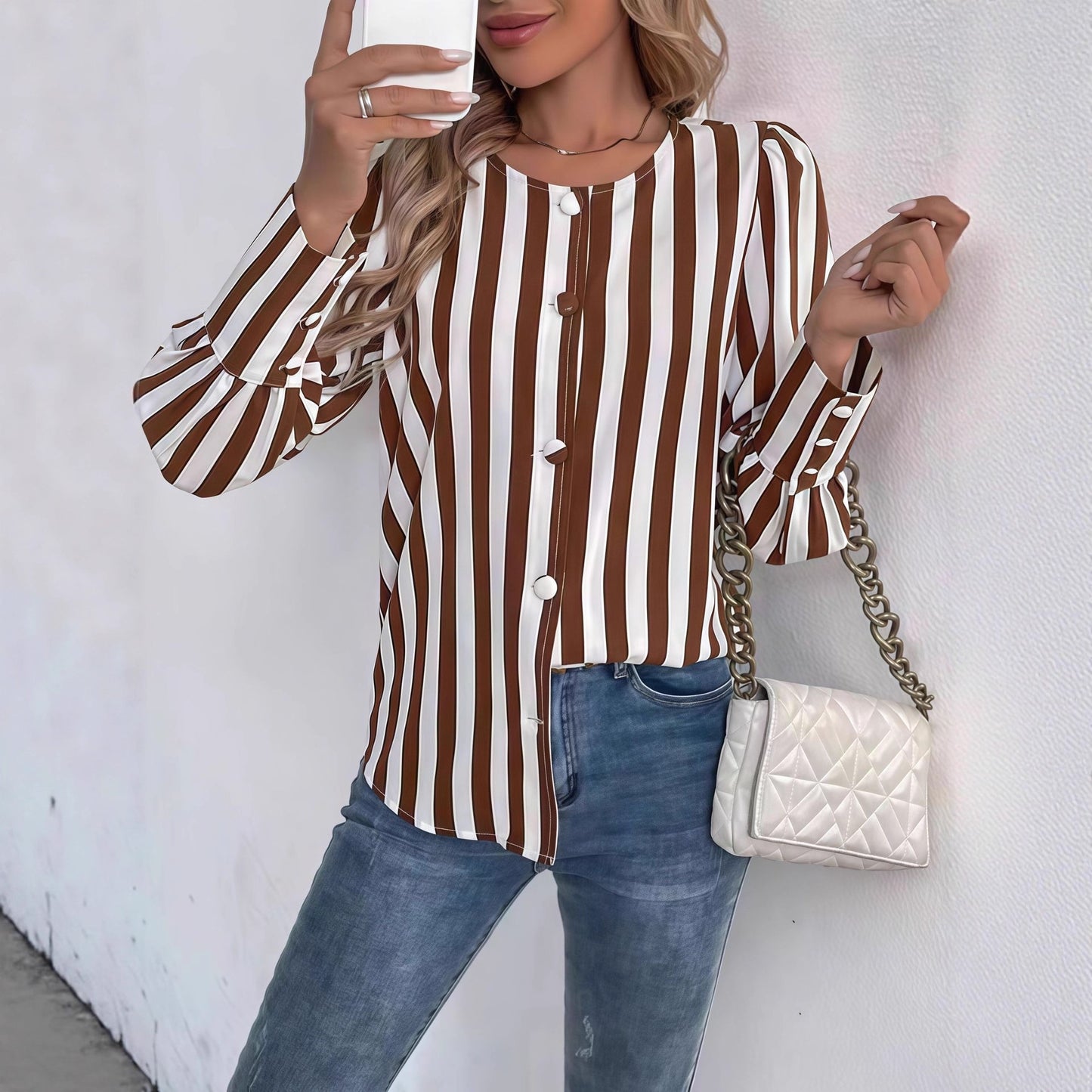 Damen gestreifte Bluse mit Raffinesse und eleganten Knöpfen Fudus