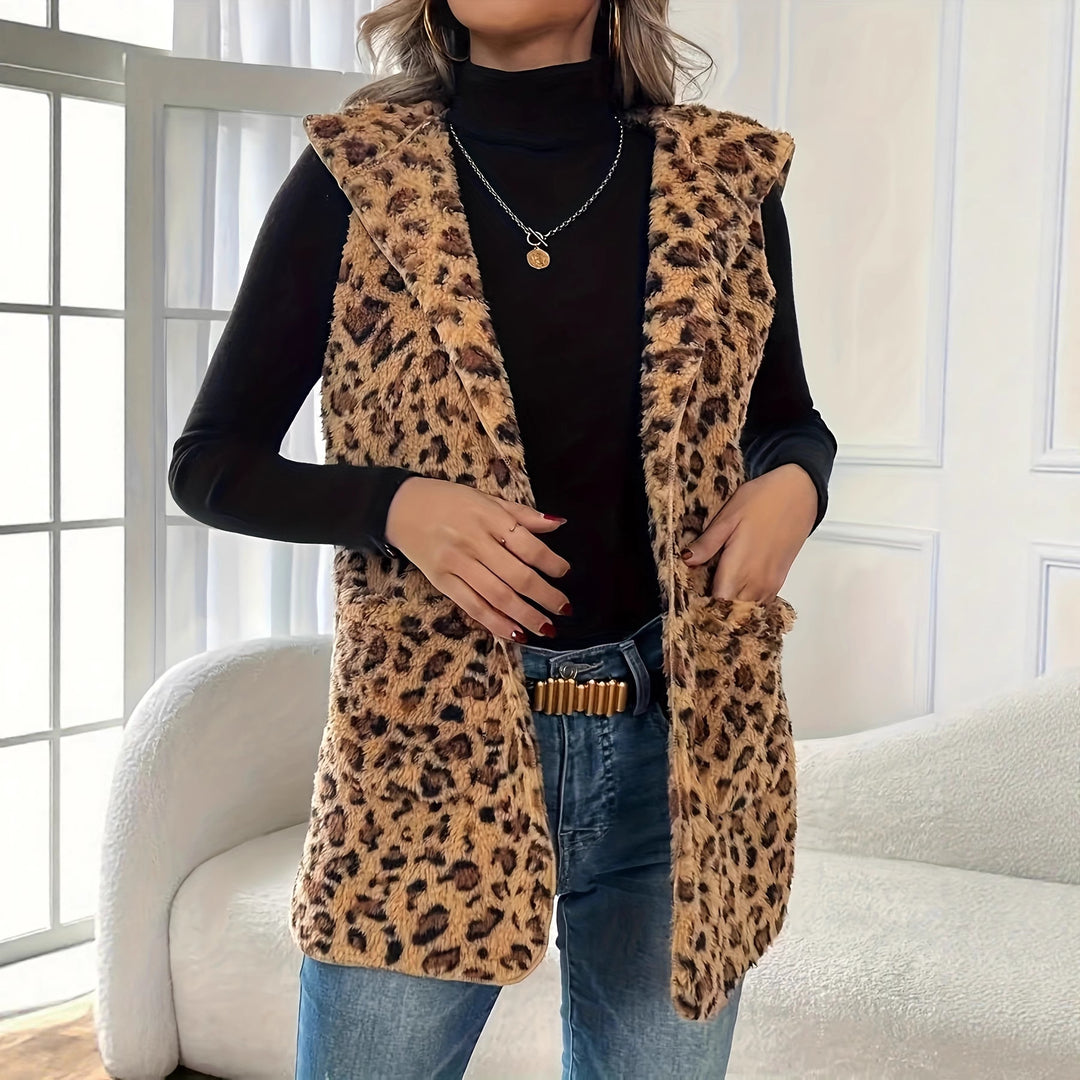 Damen kuschelige Weste mit Kapuze und Leopardenmuster Fudus