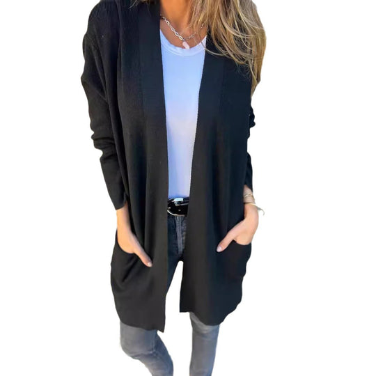 Damen Langstrickjacke mit praktischen Taschen und elegantem V-Ausschnitt Fudus