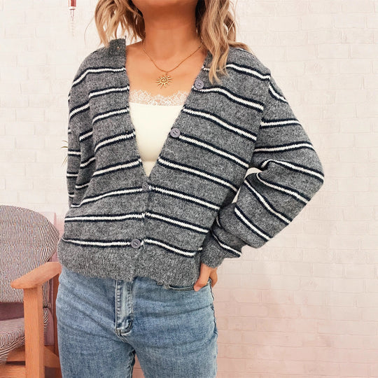 Damen Langärmliger Strickcardigan mit modischem Streifenmuster Fudus