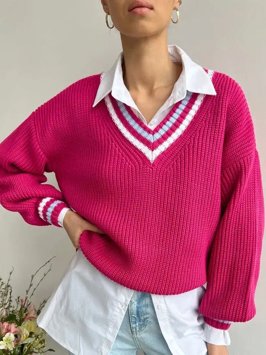 Damen Grobstrickpullover mit dekorativem V-Ausschnitt Fudus