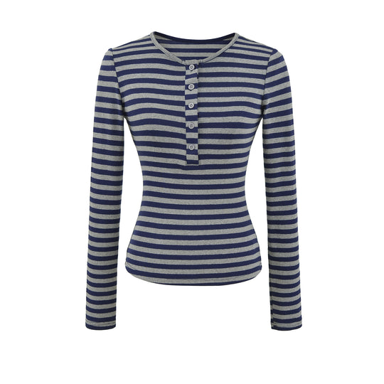 Damen langärmliges gestreiftes Oberteil mit Knopfdetail Fudus