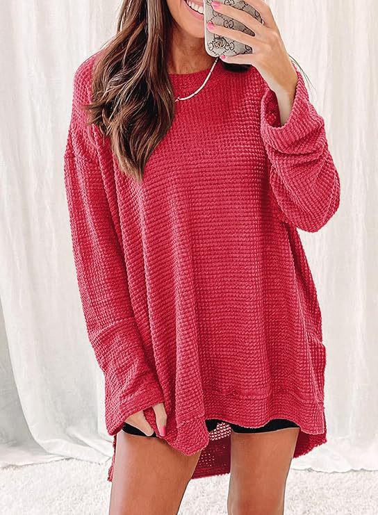 Damen Langärmliger Waffelstrick-Pullover mit offenem Schnitt und Seitenschlitzen Fudus