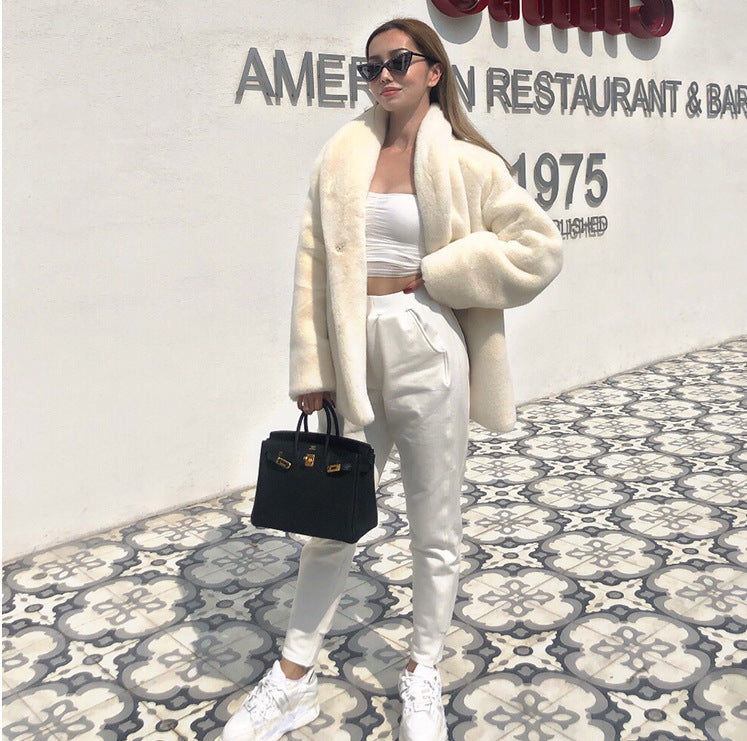 Damen Kuscheliger Teddy-Mantel mit großem Kragen und Taschen Fudus