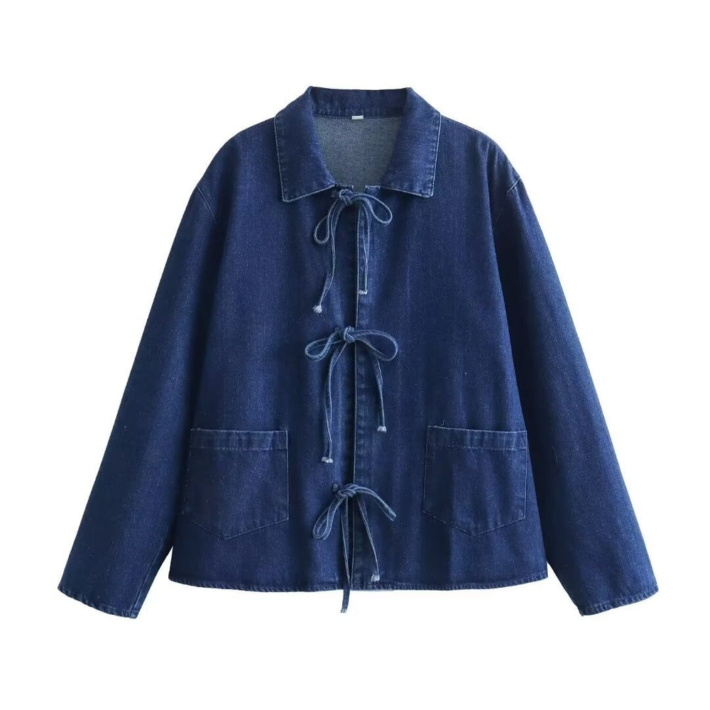 Damen lässige Jeansjacke mit kontrastierenden Kordelzügen und Taschen Fudus